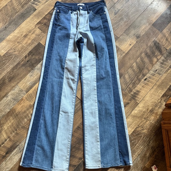 Dear John Denim - Dear John Two-Tone Vertical Stripe Flare Jeans - Light & Dark Blue